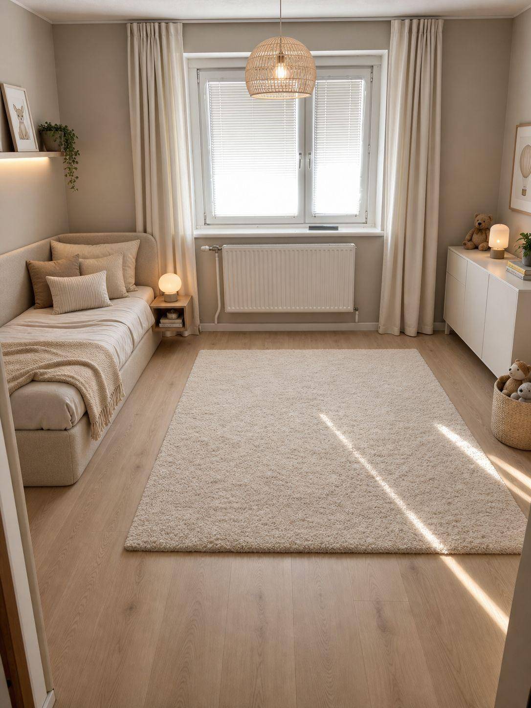 Gemütliches Schlafzimmer mit Einzelbett, großem Teppich und viel natürlichem Licht.
