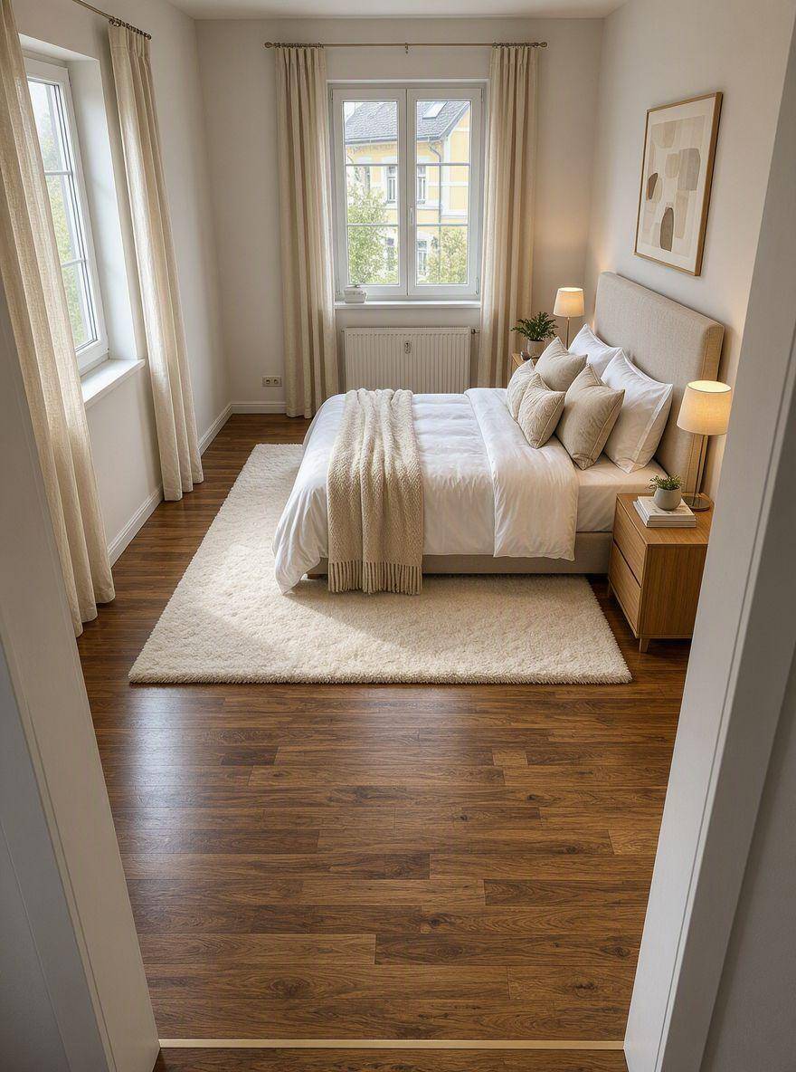 Helles Schlafzimmer mit Holzboden, großem Fenster und modernem Doppelbett.