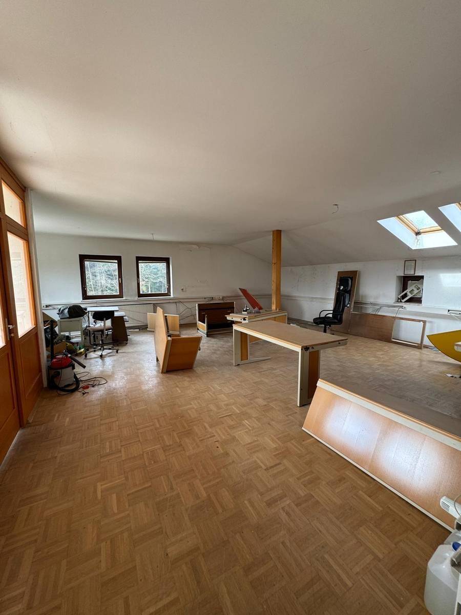 Geräumiger Dachbodenraum mit Parkettboden, Dachfenstern und viel natürlichem Licht, bereit zur Gestaltung.
