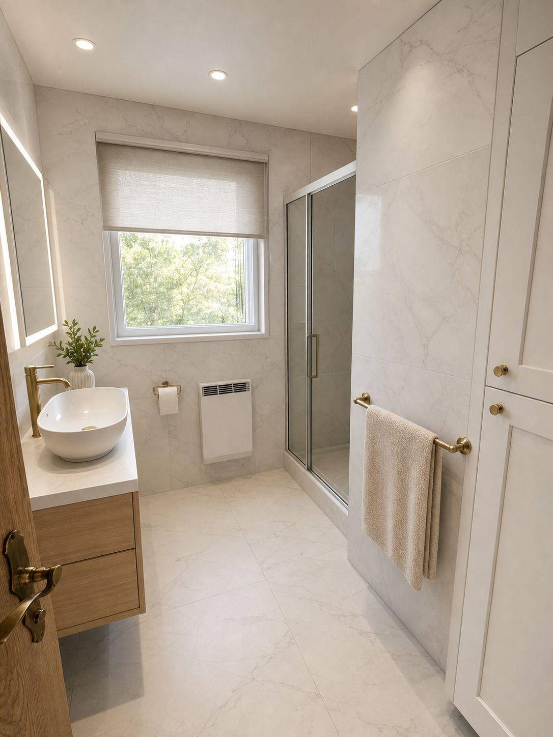 Modernes Badezimmer mit weißen Marmorfliesen, freistehendem Waschbecken und Duschkabine.