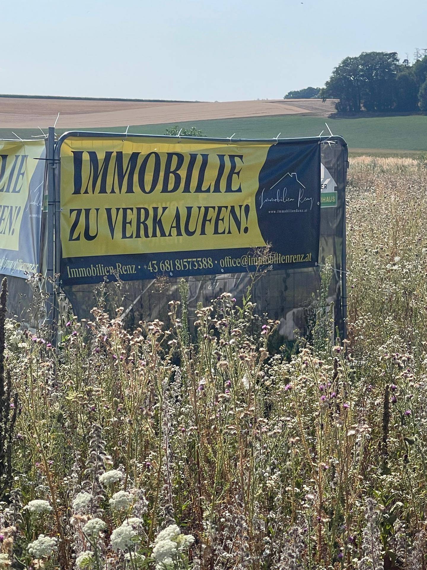 Nahaufnahme eines "Immobilie zu verkaufen!" Schildes inmitten eines Feldes mit bunten Wildblumen.