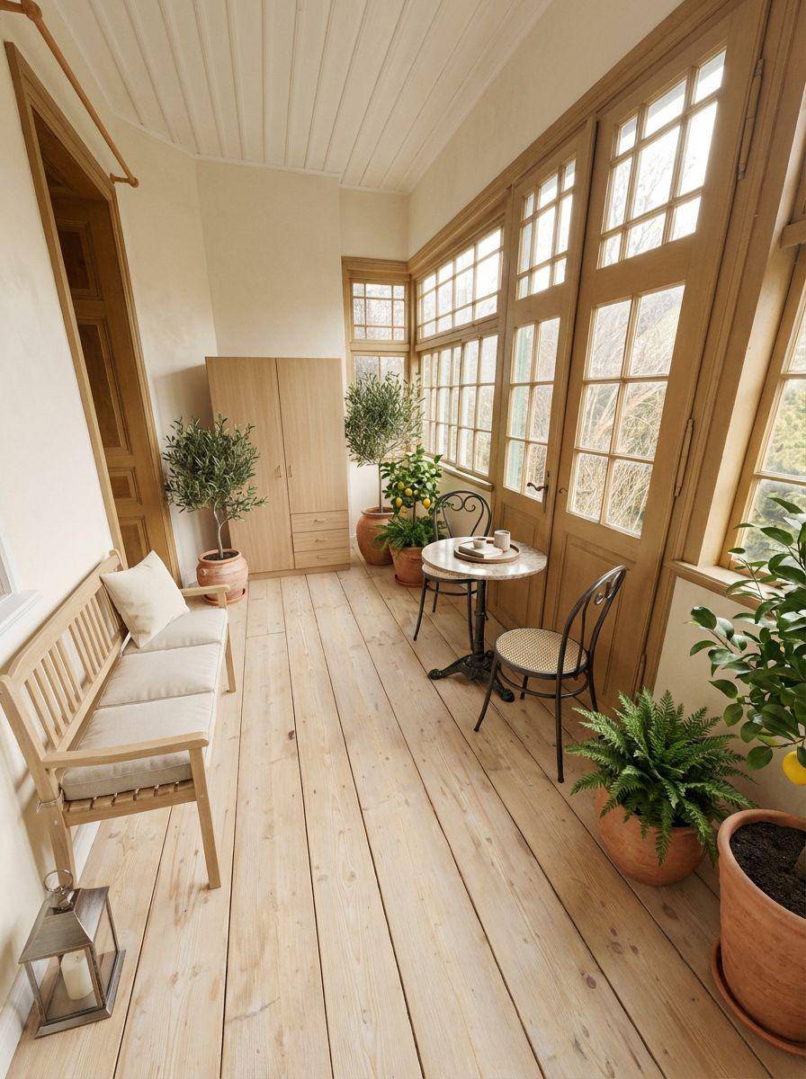 Gemütlicher Wintergarten mit Holzdielenboden, vielen Pflanzen und Sitzgelegenheiten.