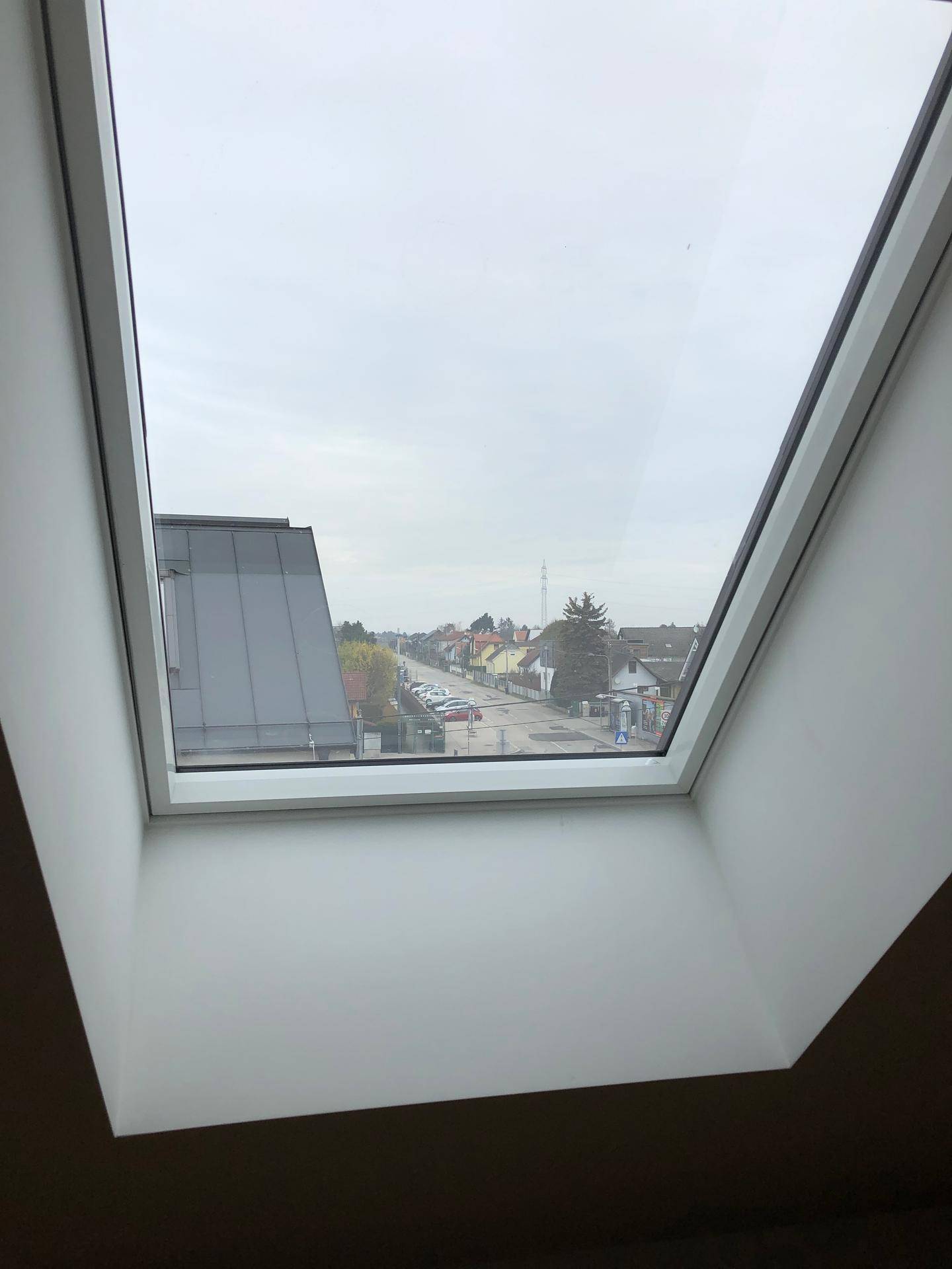 Blick aus einem Dachfenster auf die umliegende Wohngegend und die Straße.