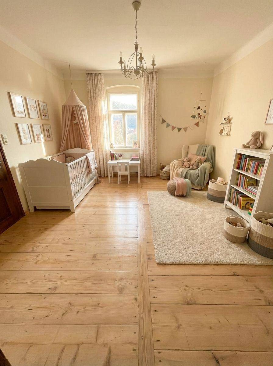 Helles Kinderzimmer mit Holzdielenboden, Babybett und verspielter Dekoration.