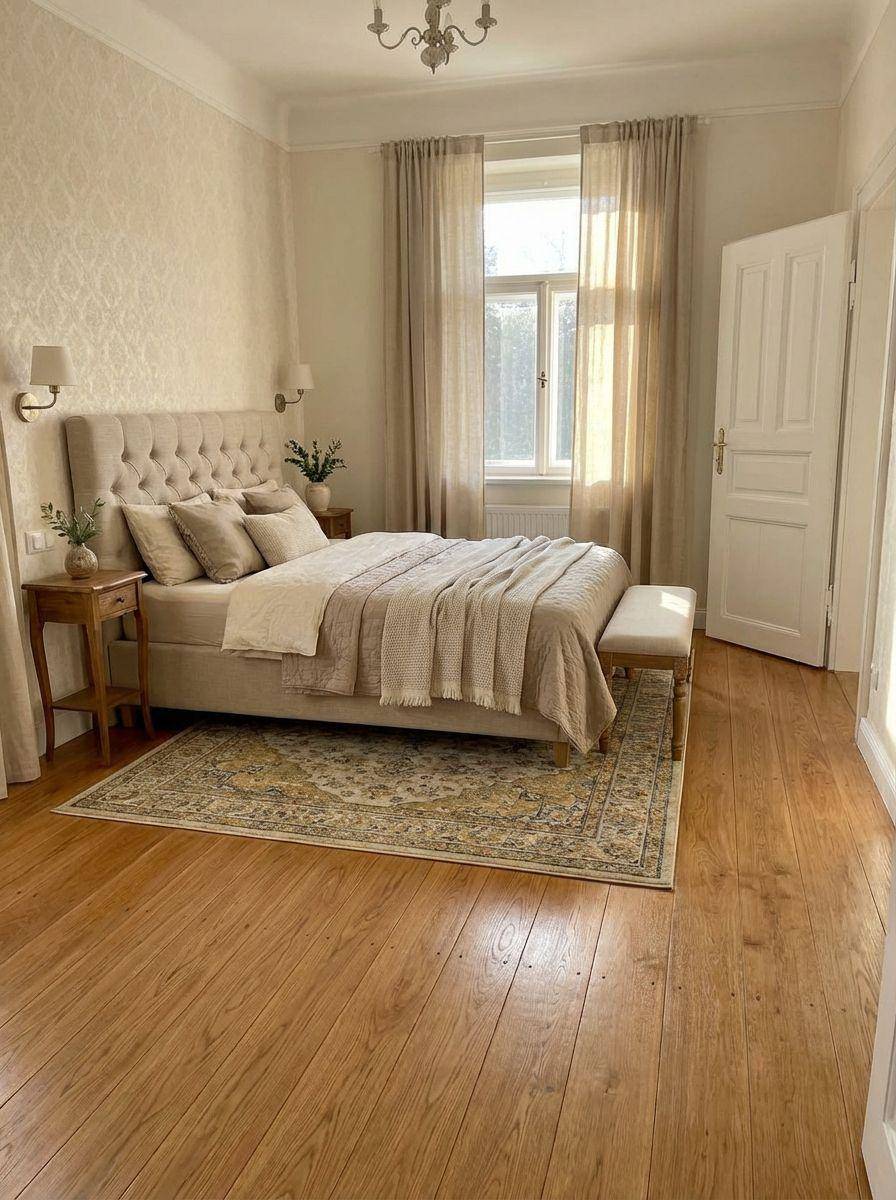 Elegantes Schlafzimmer mit großem Doppelbett, Parkettboden und hellen Vorhängen.