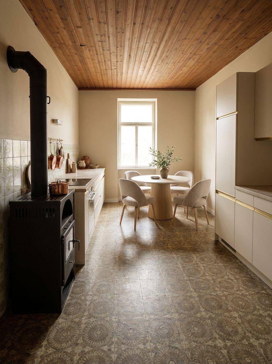 Traditionelle Küche mit Holzdecke, Essbereich und einem Holzofen.