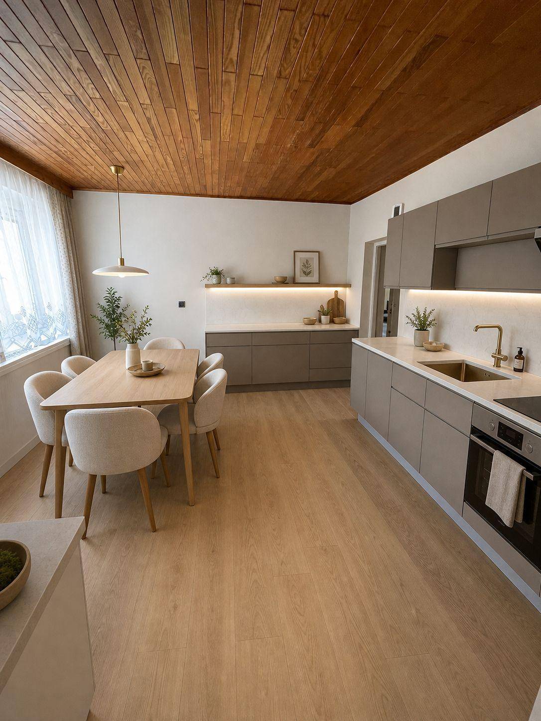 Offene Küche mit Essbereich, modernen grauen Schränken und einer warmen Holzdecke.