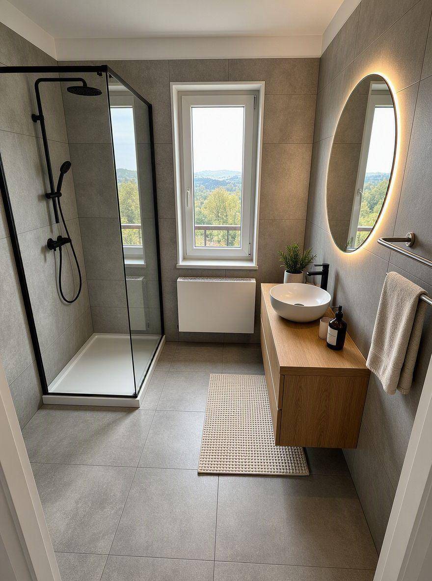 Modernes Badezimmer mit grauen Fliesen, ebenerdiger Dusche und schwebendem Waschtisch.