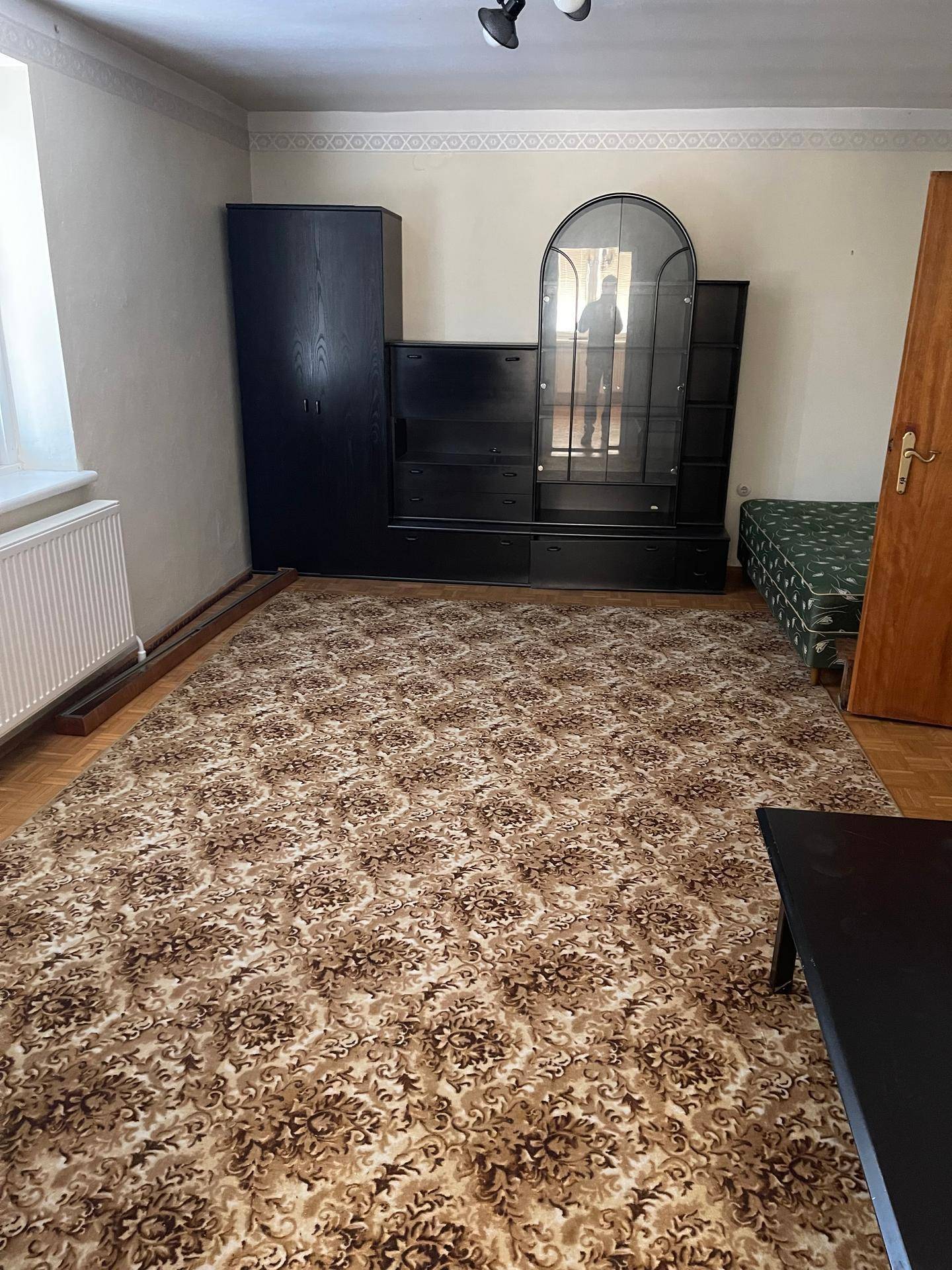 Wohnzimmer mit Teppichboden, Parkett und dunklen Möbeln.