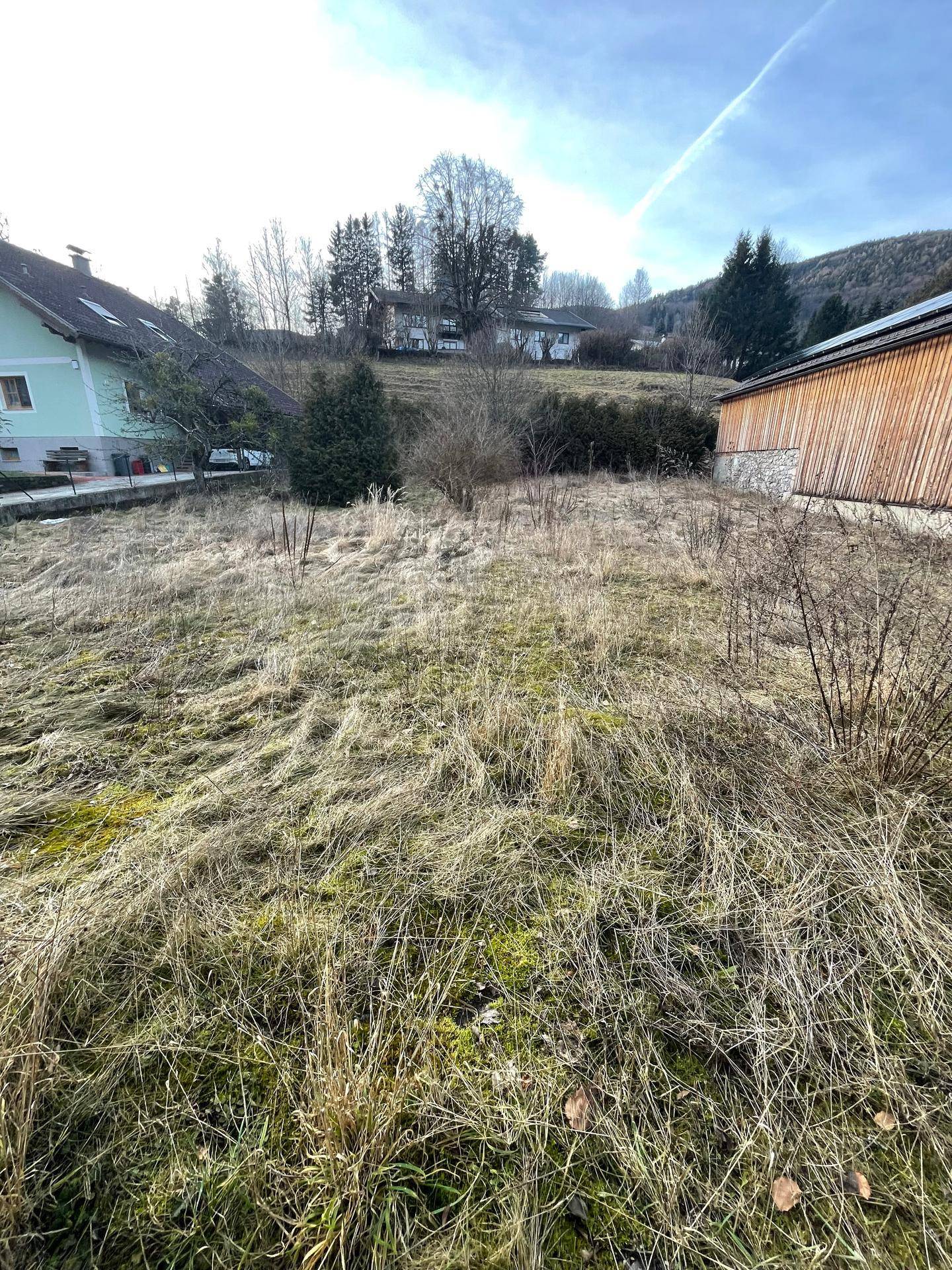 Weitläufiges Grundstück mit trockenem Gras und Bäumen, umgeben von Hügeln und anderen Häusern.