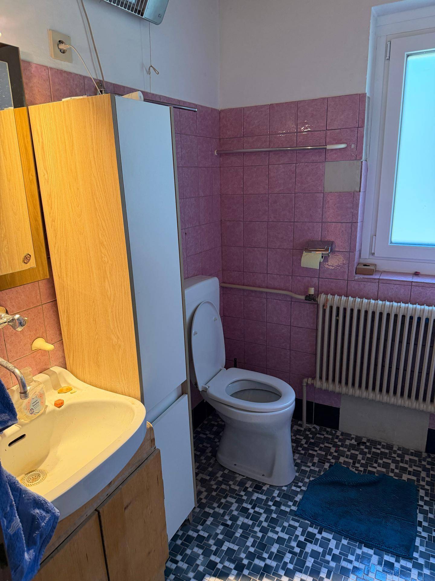 Badezimmer mit rosa Fliesen, WC, Waschbecken und Heizkörper.