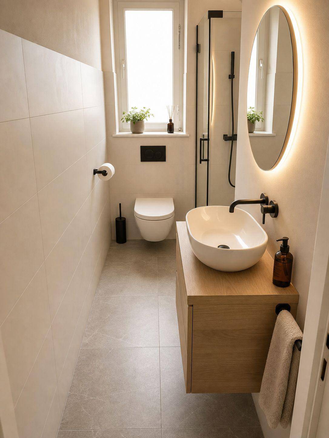 Modernes Badezimmer mit schwebendem Waschtisch, Duschbereich und Fenster für Tageslicht.