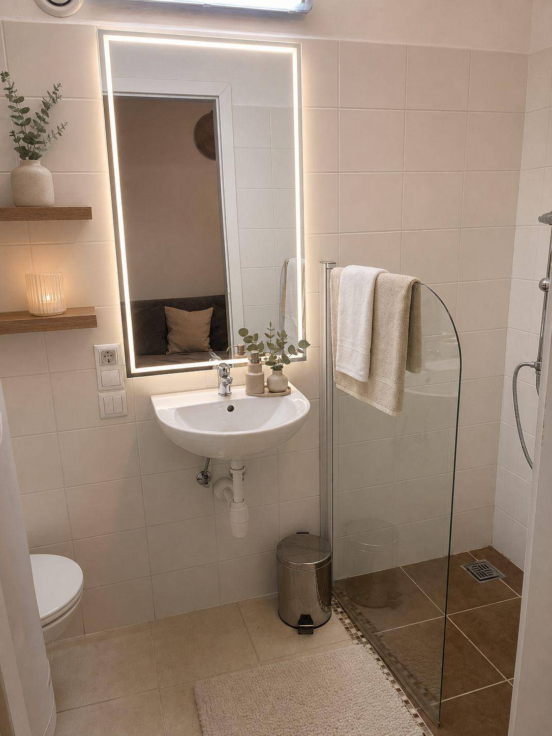 Modernisiertes Badezimmer mit beleuchtetem Spiegel, Duschkabine und weißen Wandfliesen.