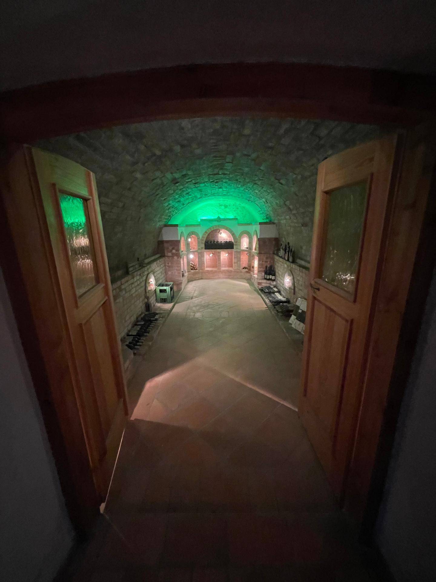Langer, gewölbter Weinkeller mit Ziegelwänden und Terrakottaboden, beleuchtet mit grünen Akzentlichtern.