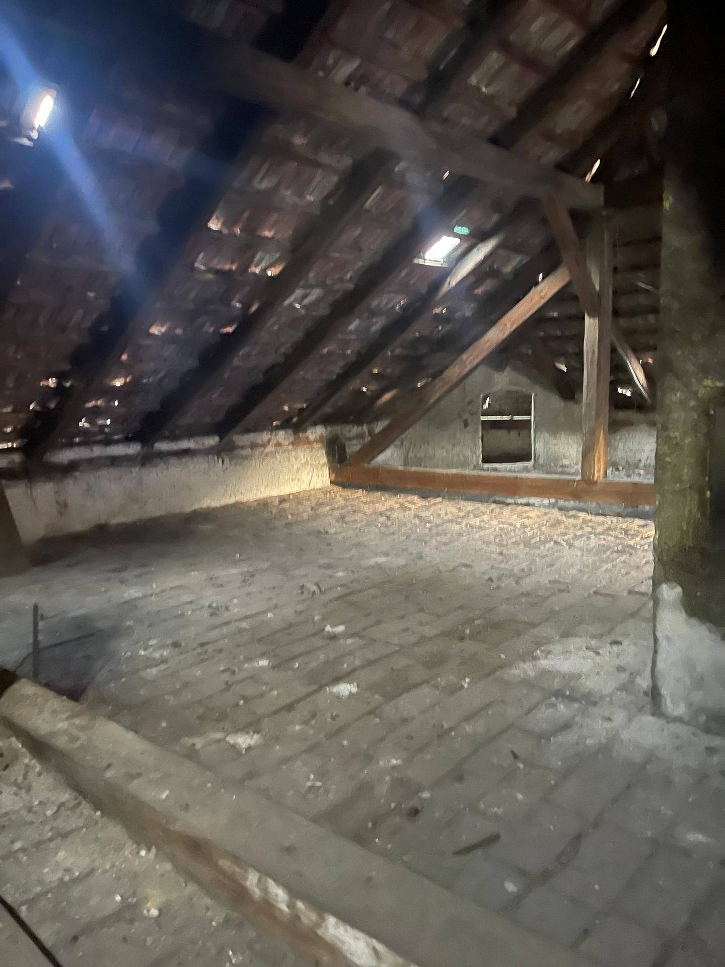 Heller Dachboden mit sichtbaren Holzbalken und schrägen Wänden, bereit für einen Ausbau.