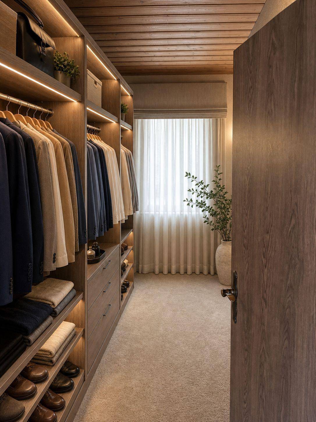 Luxuriöser begehbarer Kleiderschrank mit integrierter Beleuchtung, Holzvertäfelung und Fenster.