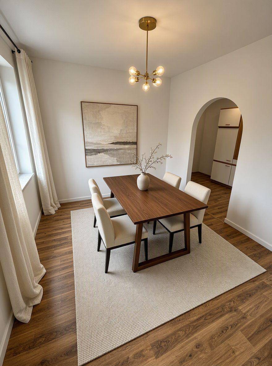 Eleganter Essbereich mit Holztisch, bequemen Stühlen und modernem Deckenlicht.