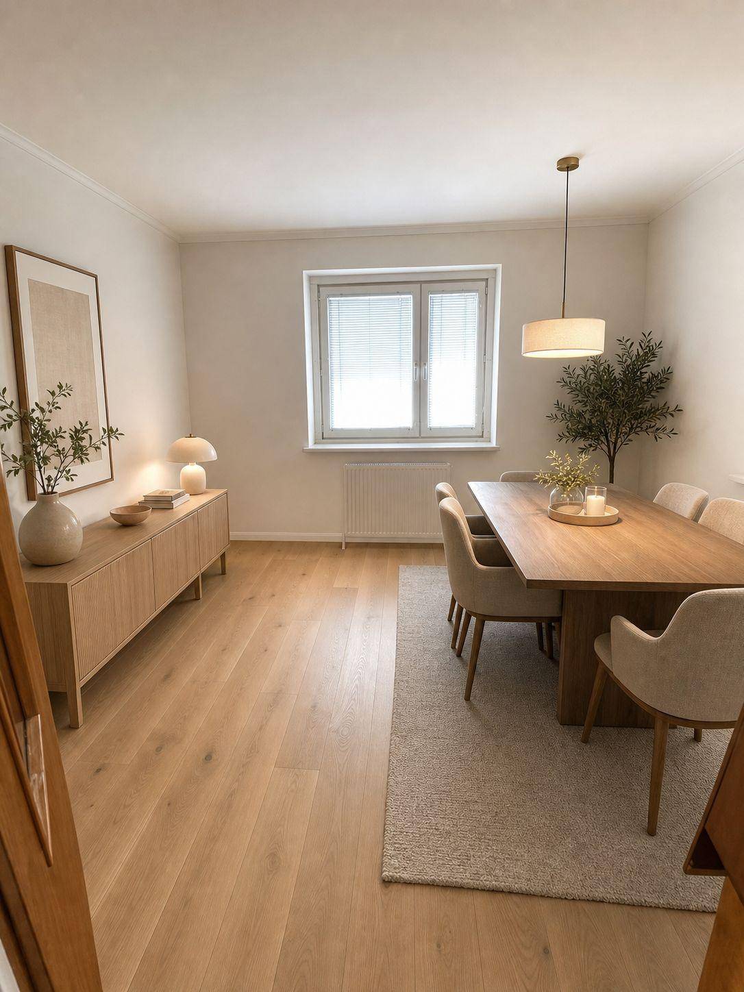 Eleganter Essbereich mit großem Holztisch, passenden Stühlen und einem Sideboard.