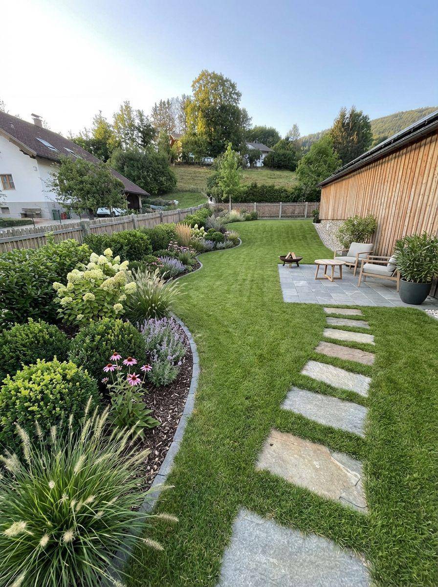 Gepflegter Garten mit Rasenfläche, Blumenbeeten und einer gemütlichen Sitzecke.