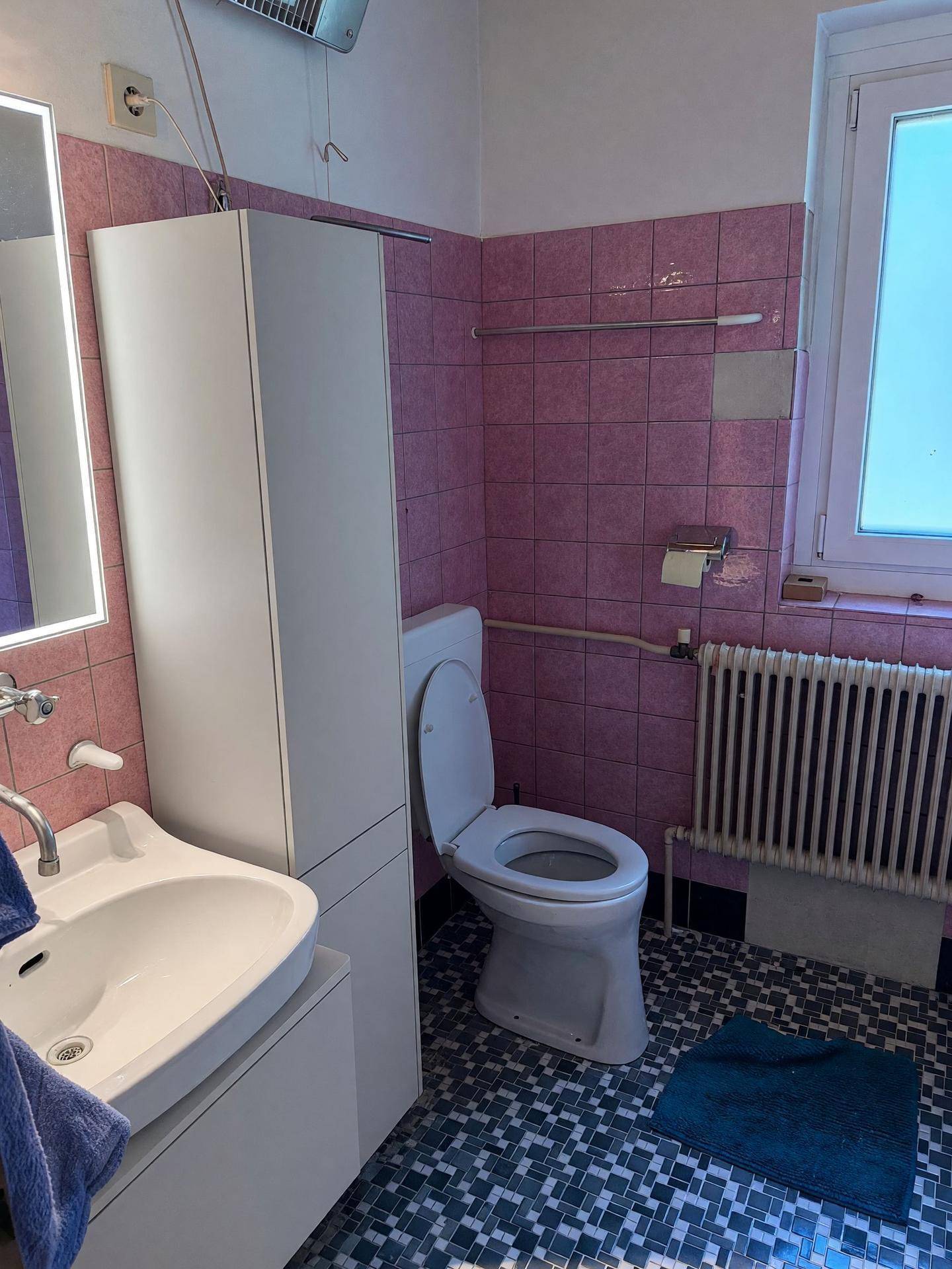 Badezimmer mit rosa Fliesen, WC, Waschbecken und Heizkörper.