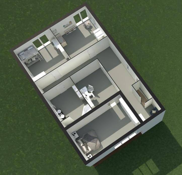Grundriss-Visualisierung des Obergeschosses mit mehreren Schlafzimmern, Büro und Badezimmer.