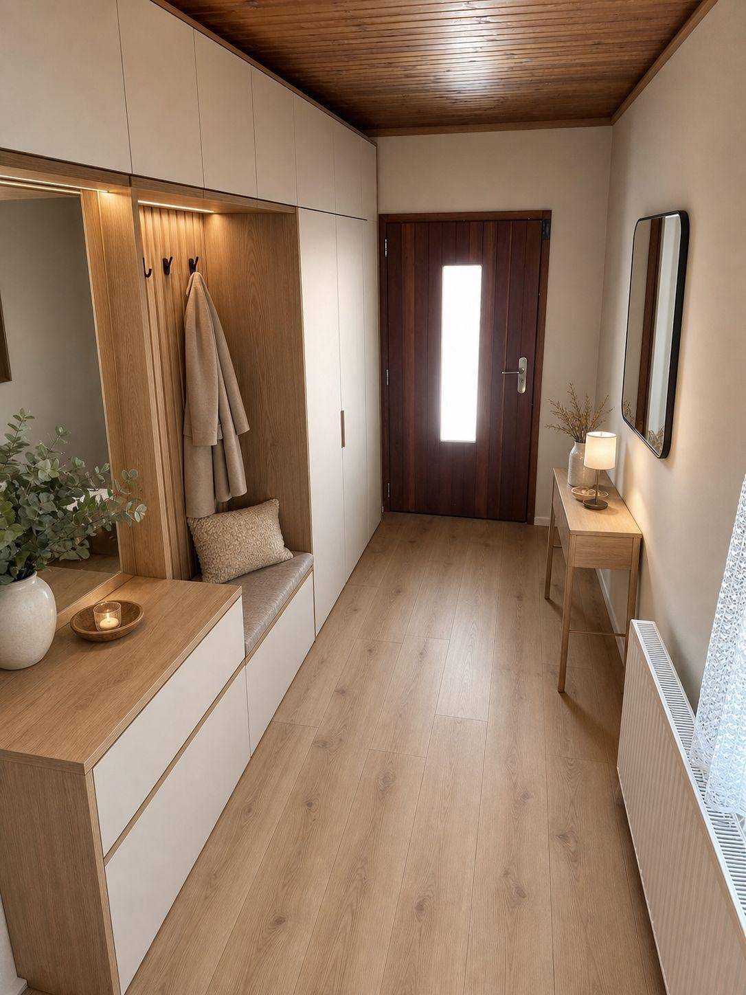Heller Eingangsbereich mit integrierter Garderobe, Spiegel und warmer Holzdecke.