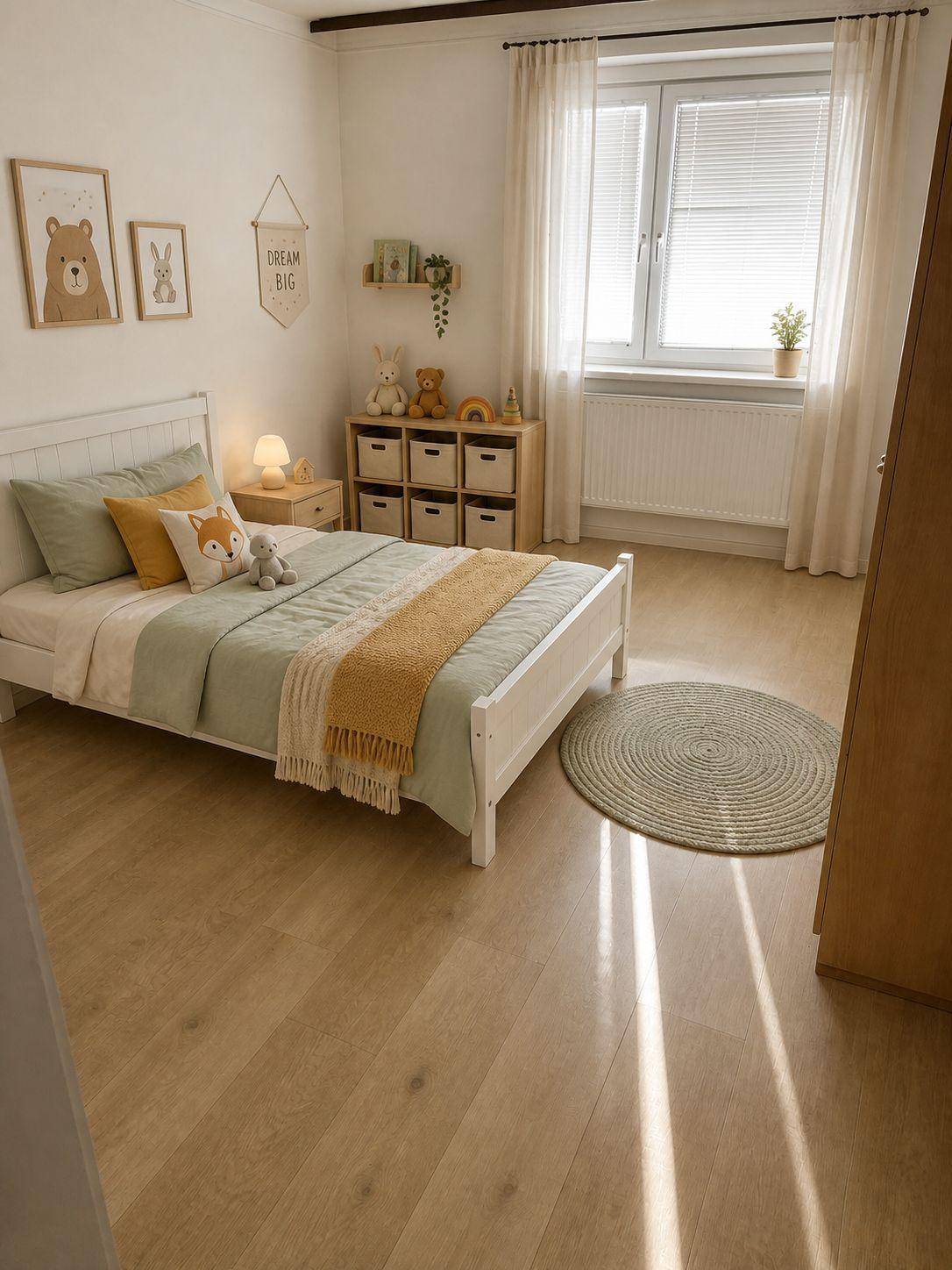 Freundliches Kinderzimmer mit weißem Bett, bunter Dekoration und Holzboden.