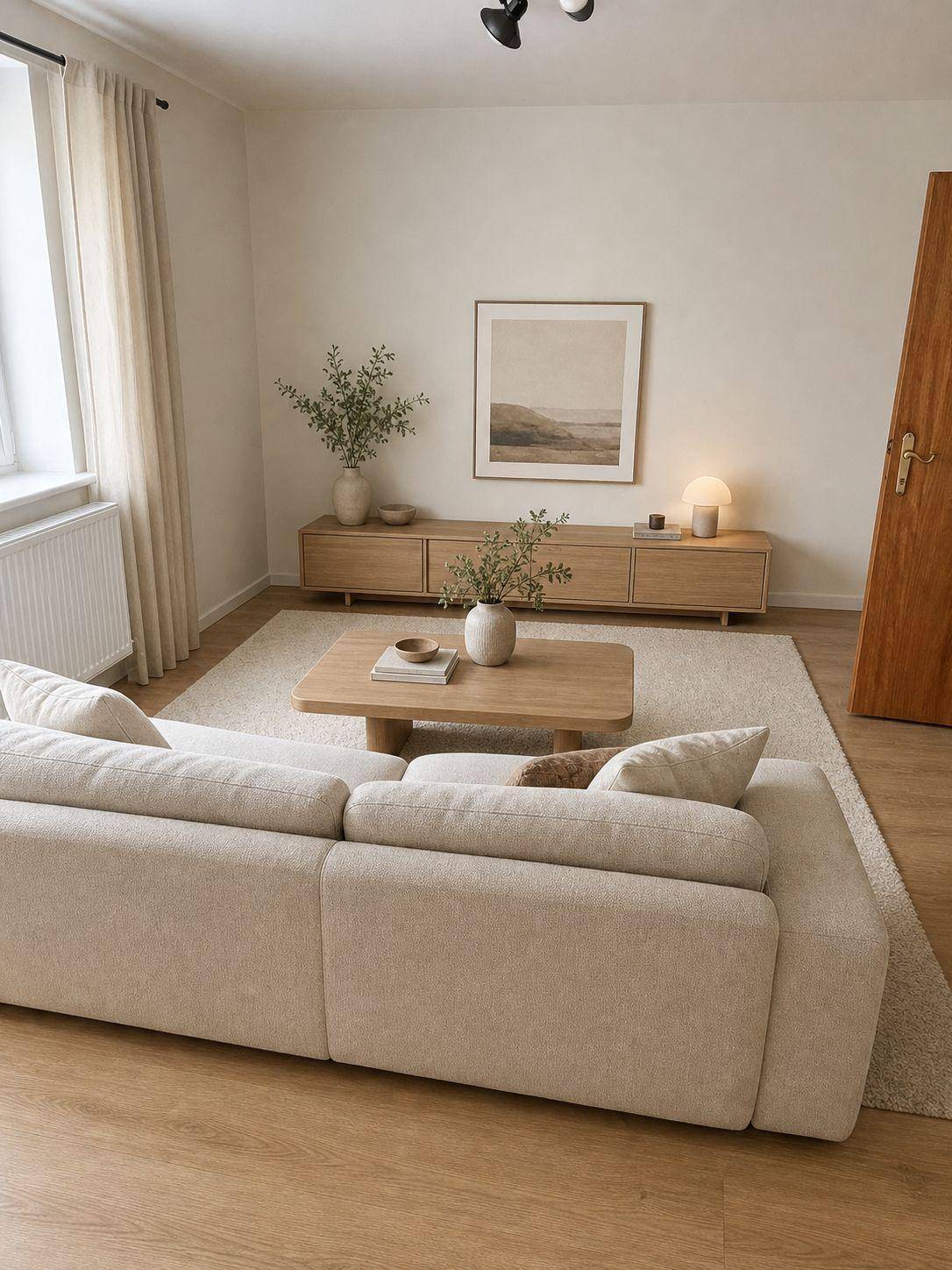 Helles Wohnzimmer mit großem beigem Sofa, Holzboden und minimalistischer Dekoration.
