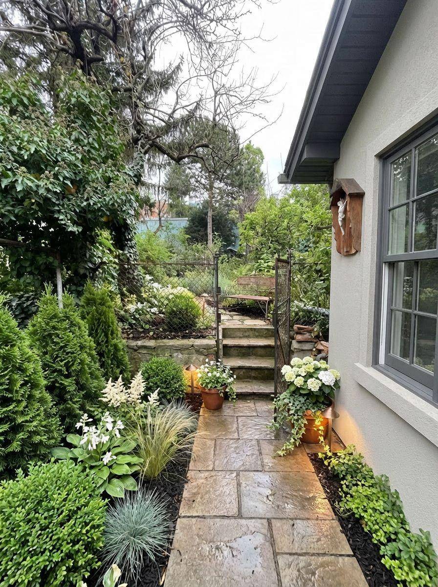 Ein gepflasterter Gartenweg führt entlang des Hauses, umgeben von vielfältigen Pflanzen und Blumen.