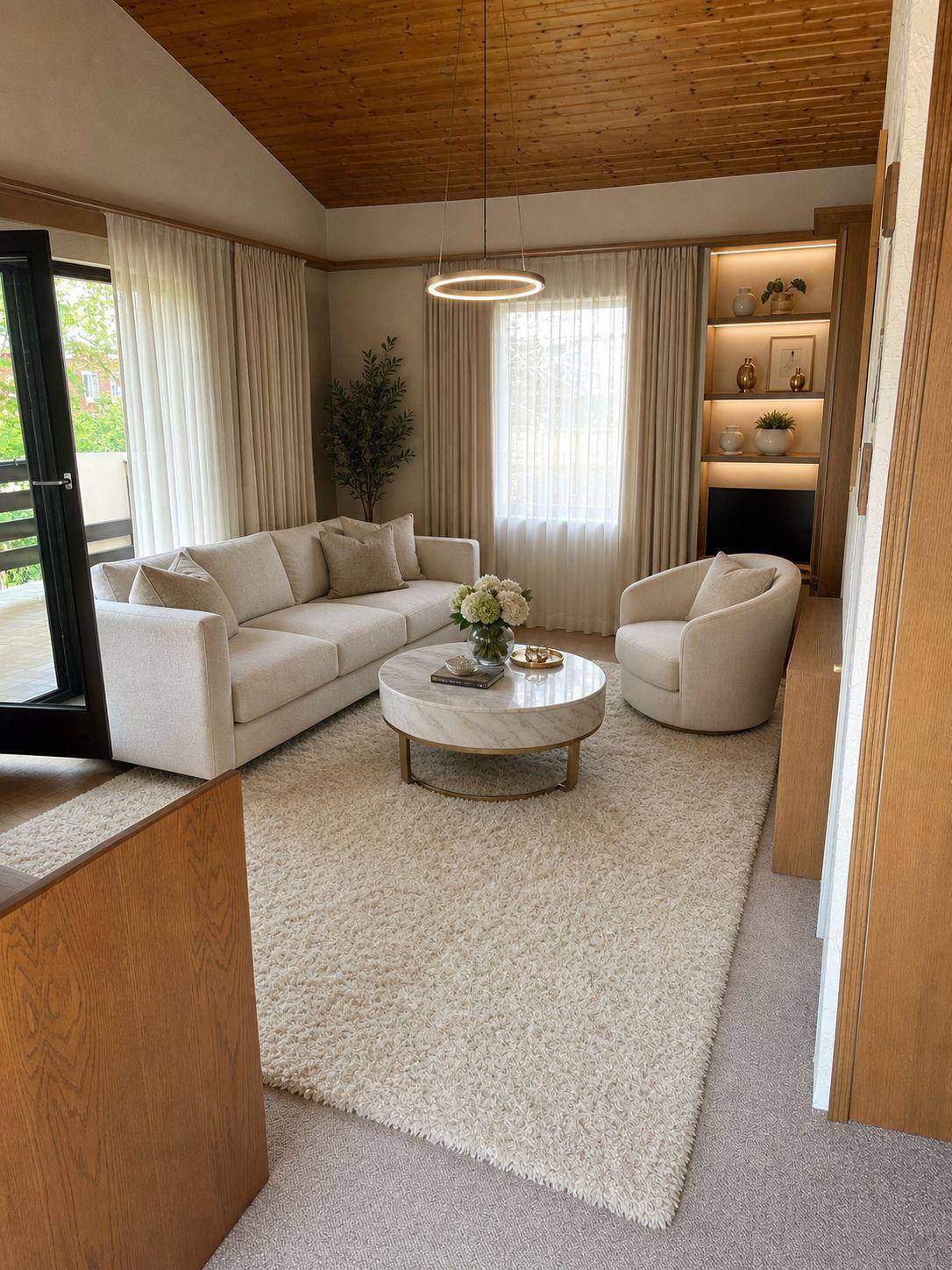 Modernes Wohnzimmer mit hohen Decken, beigem Sofa, rundem Couchtisch und flauschigem Teppich.