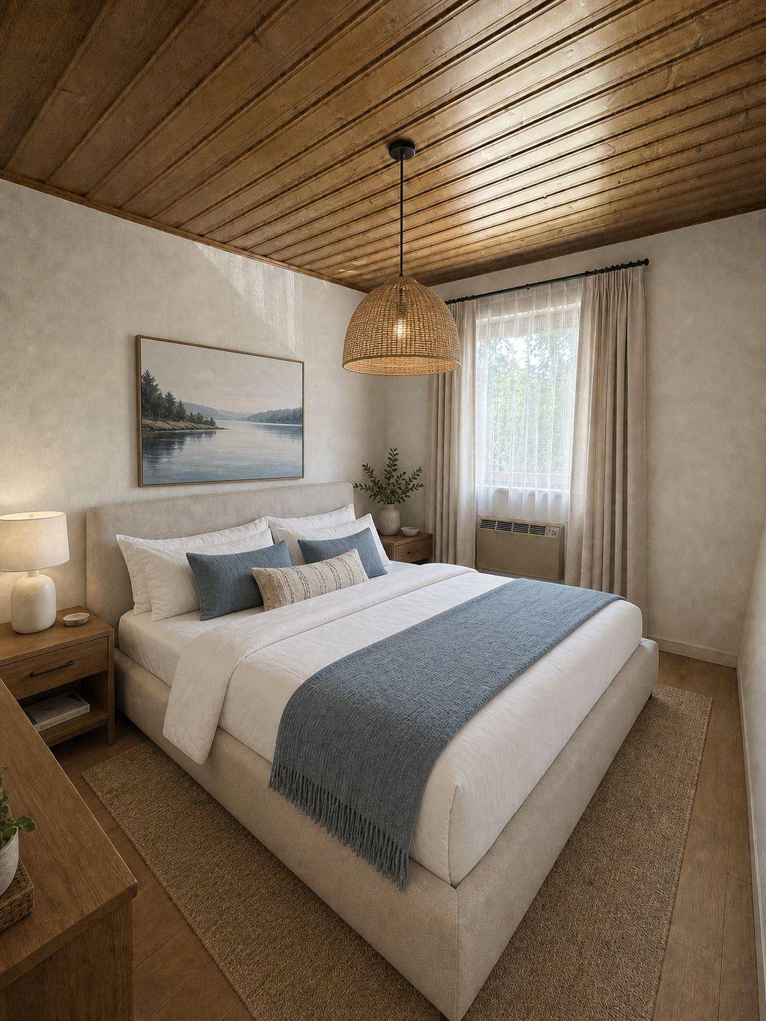 Modernes Schlafzimmer mit Holzbalkendecke, großem Bett und beruhigenden Blautönen.