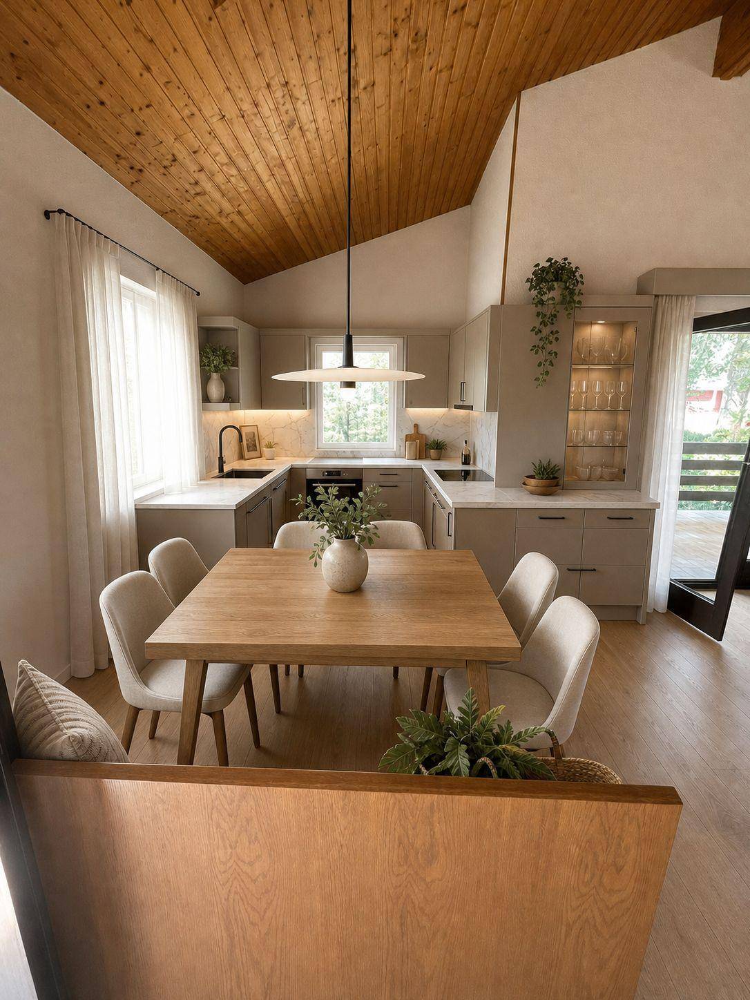 Moderne Küche mit Essbereich, Holzbalkendecke, hellen Schränken und Holztisch.