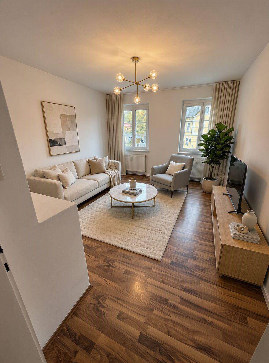 Gemütliches Wohnzimmer mit beigem Sofa, Holzboden und modernem Deckenlicht.