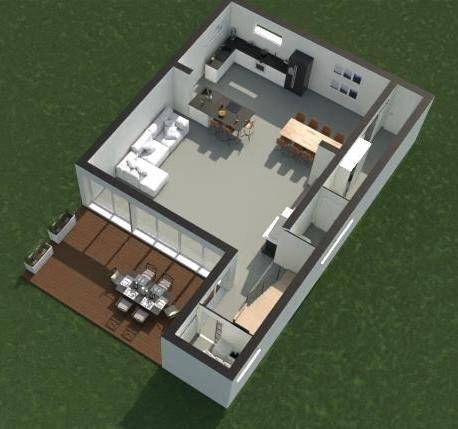 Grundriss-Visualisierung des Erdgeschosses mit offener Küche, Essbereich und großer Terrasse.