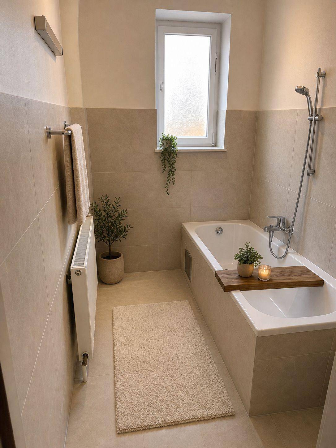 Helles Badezimmer mit Badewanne, Duschfunktion und beheiztem Handtuchhalter.