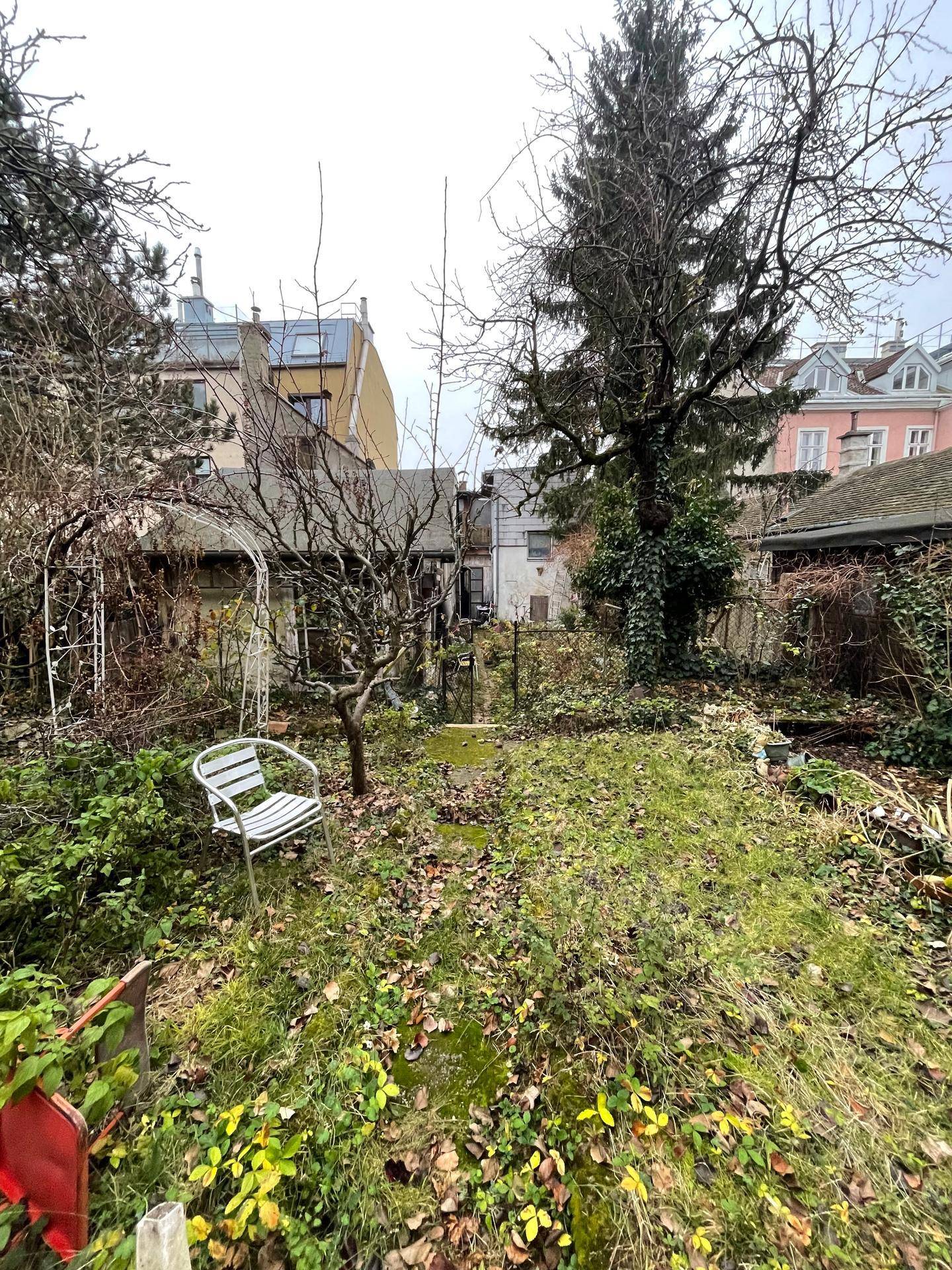 Verwilderter Garten mit einem einzelnen Stuhl, umgeben von Bäumen und dichter Vegetation, im Hintergrund weitere Gebäude.