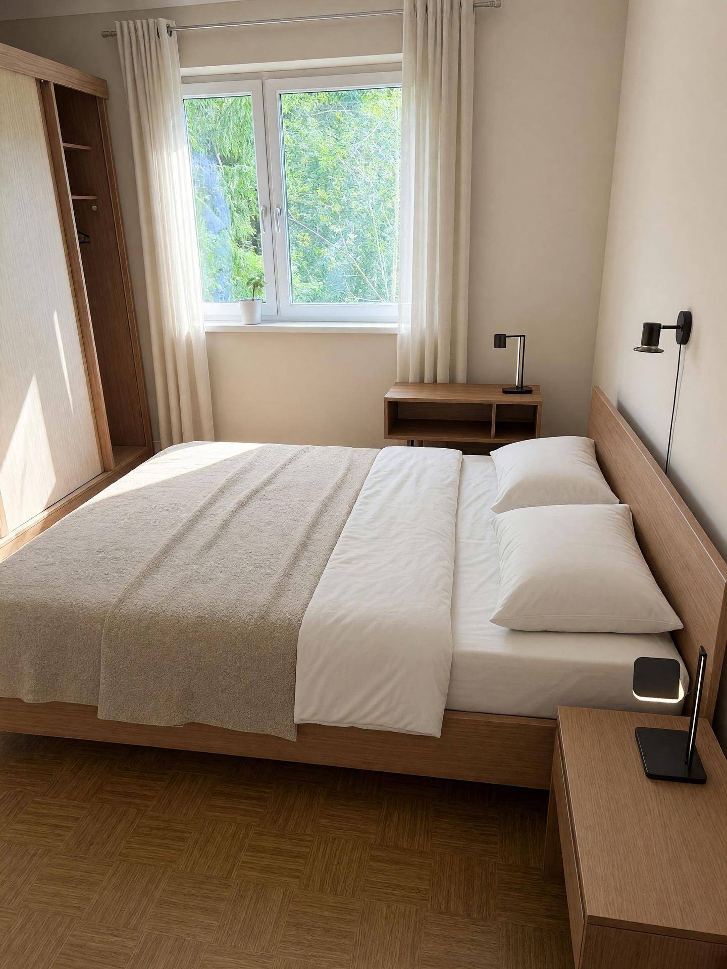 Helles Schlafzimmer mit modernem Holzbett, Parkettboden und Blick ins Grüne.
