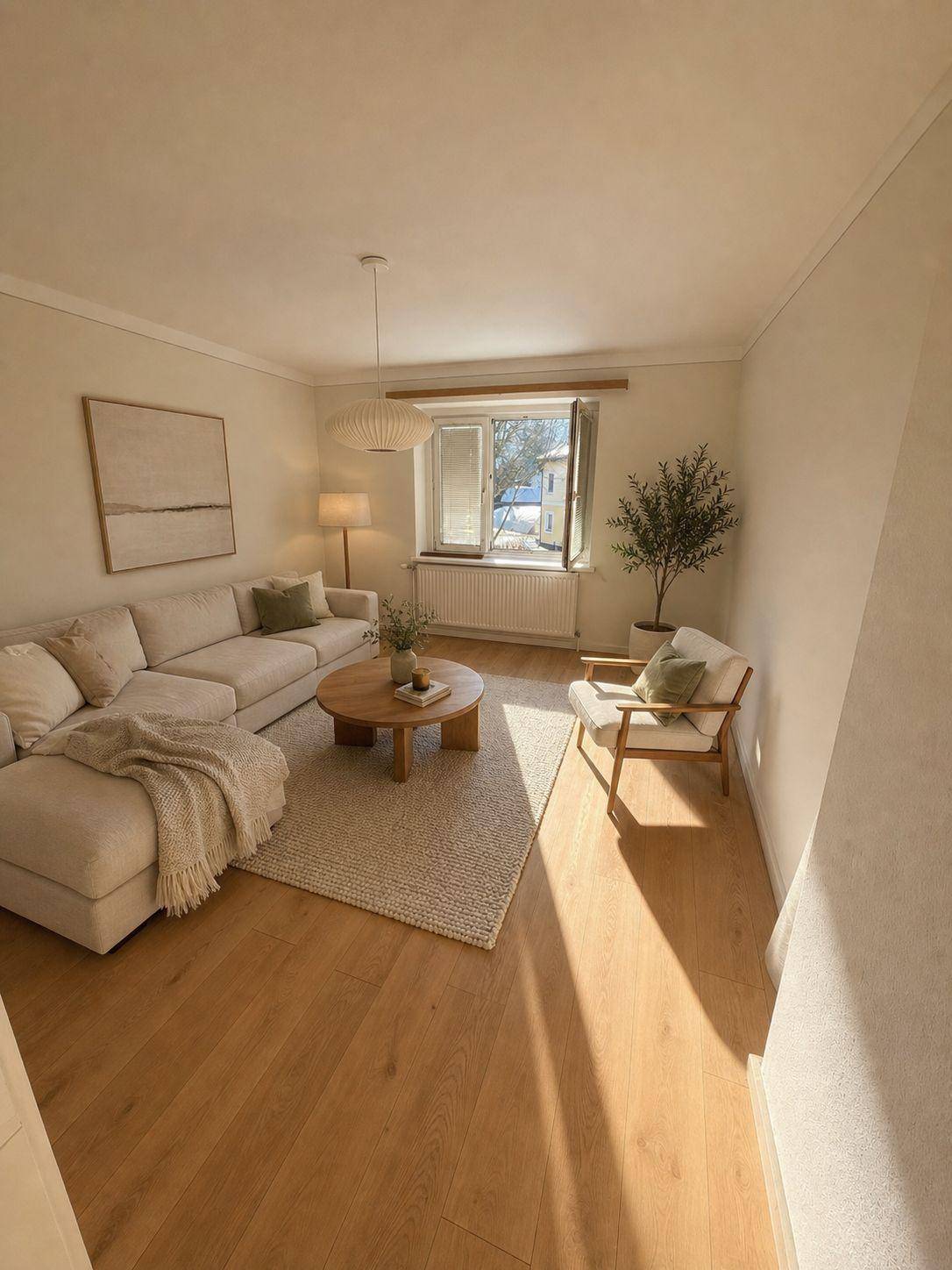 Gemütliches Wohnzimmer mit hellem Sofa, Holzboden und viel natürlichem Sonnenlicht.