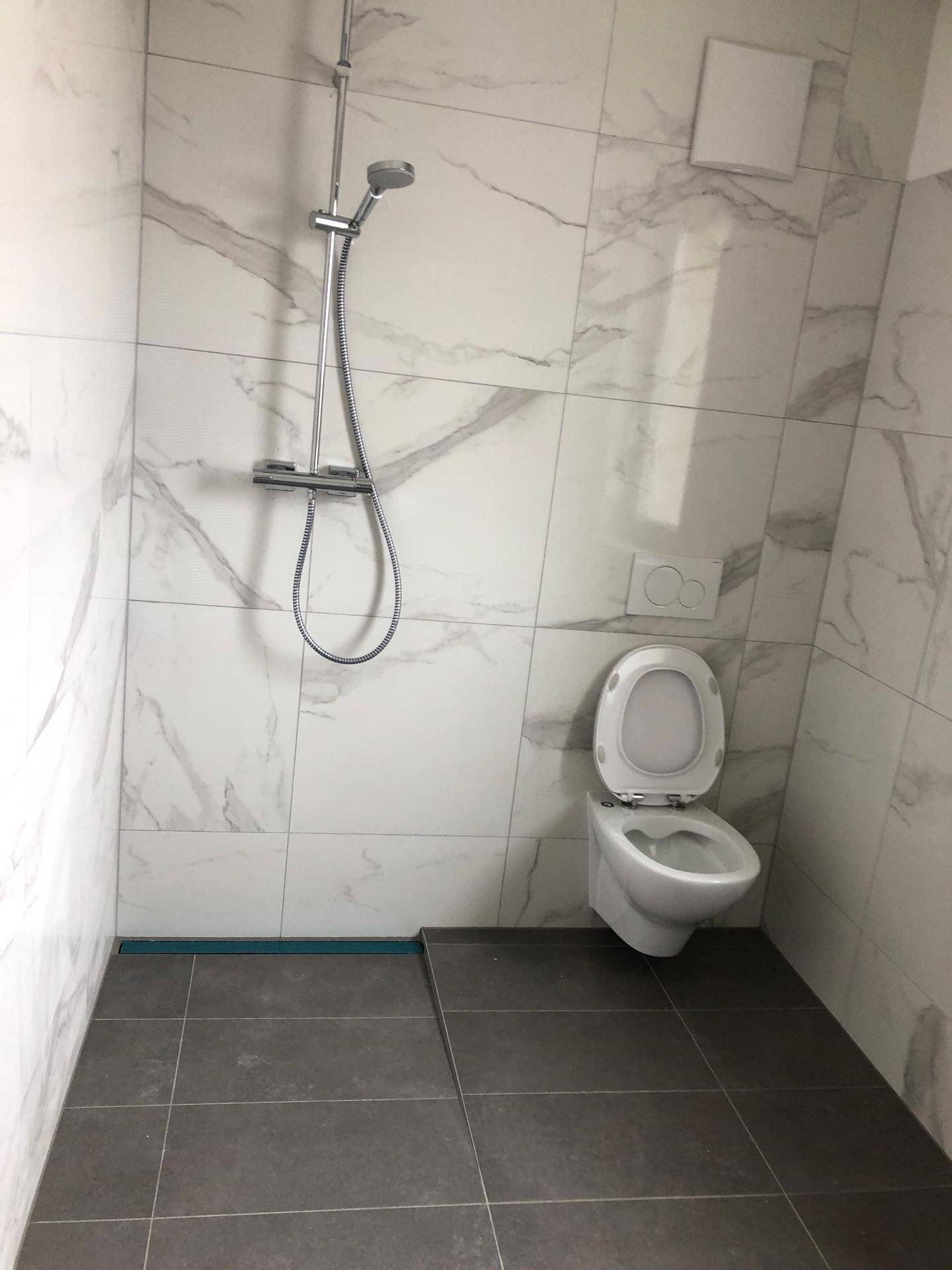 Modernes Badezimmer mit Duschbereich, wandhängendem WC und eleganten Marmorfliesen.