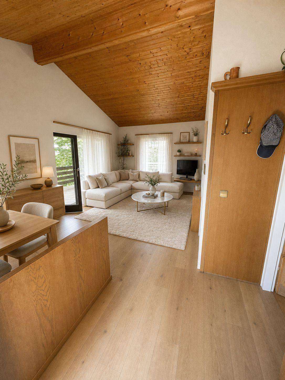 Heller offener Wohn-Essbereich mit Holzbalkendecke, modernem Sofa und hellem Holzboden.