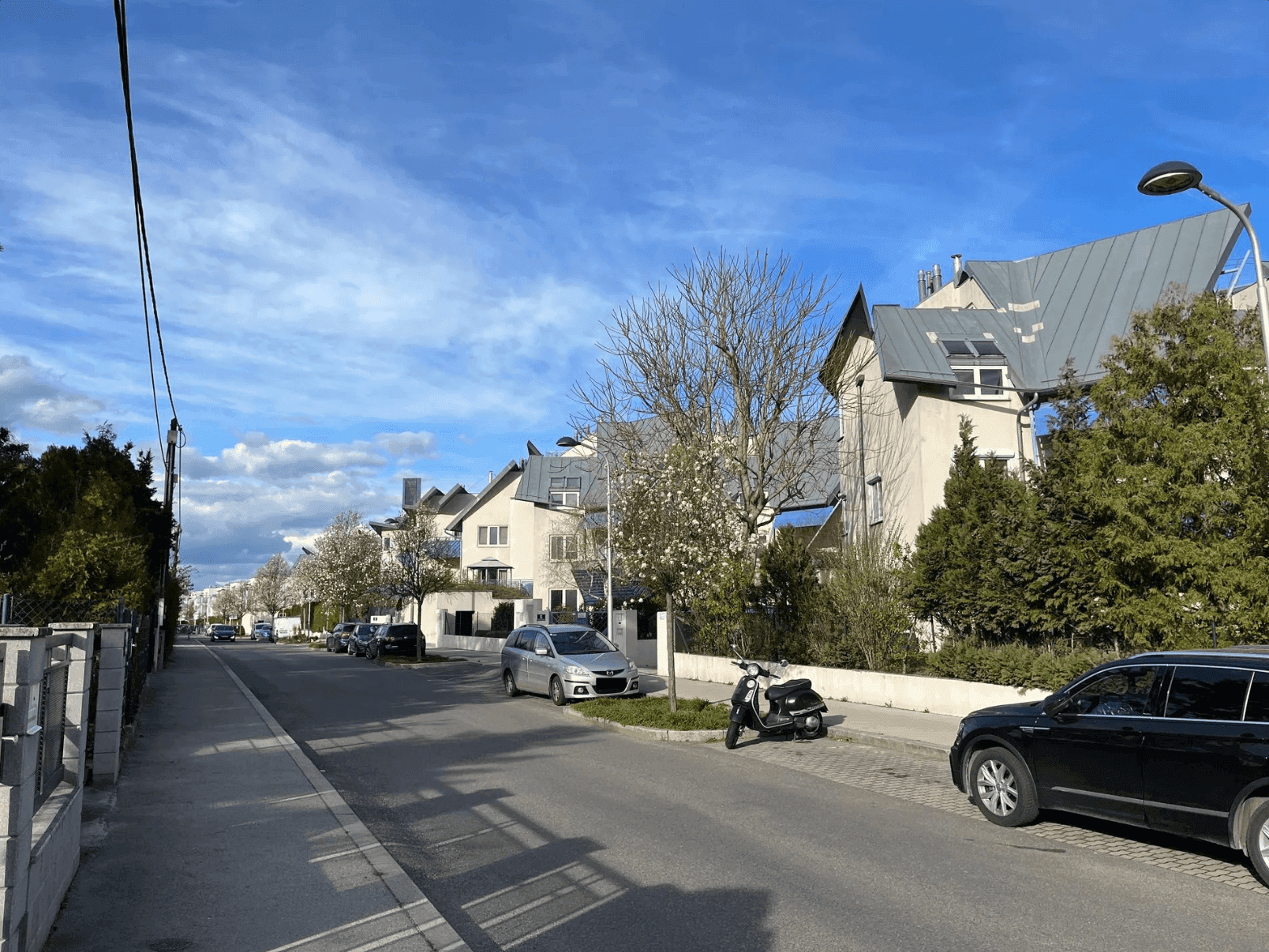 Ruhige Wohnstraße mit geparkten Autos, Bäumen und modernen Mehrfamilienhäusern unter blauem Himmel.