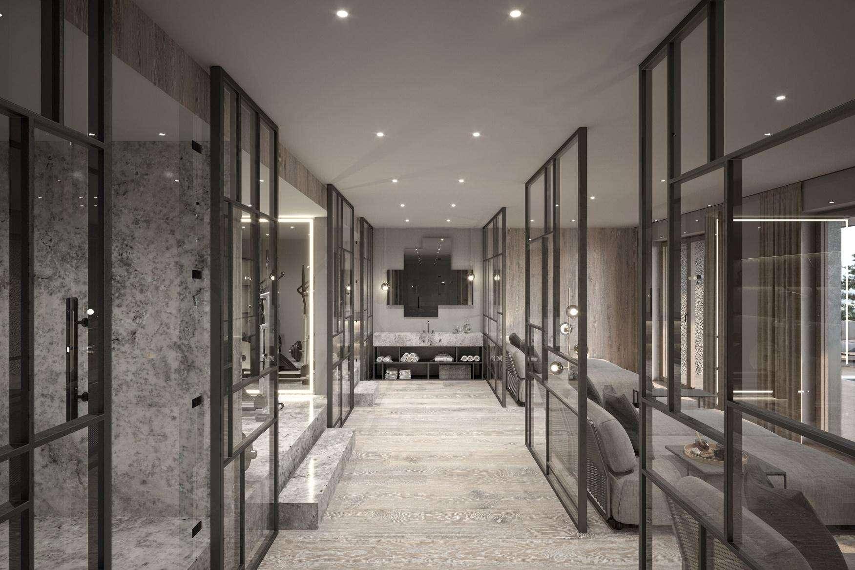 Stilvoller Flur im Wellnessbereich mit Glaswänden, Dusche und modernem Waschtisch.