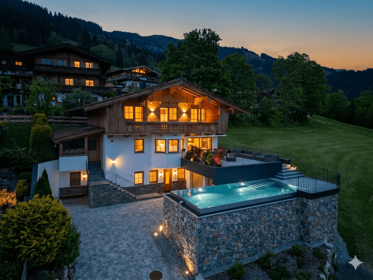 Beleuchtetes Chalet bei Dämmerung mit einladendem Pool und Terrasse, umgeben von Natur.
