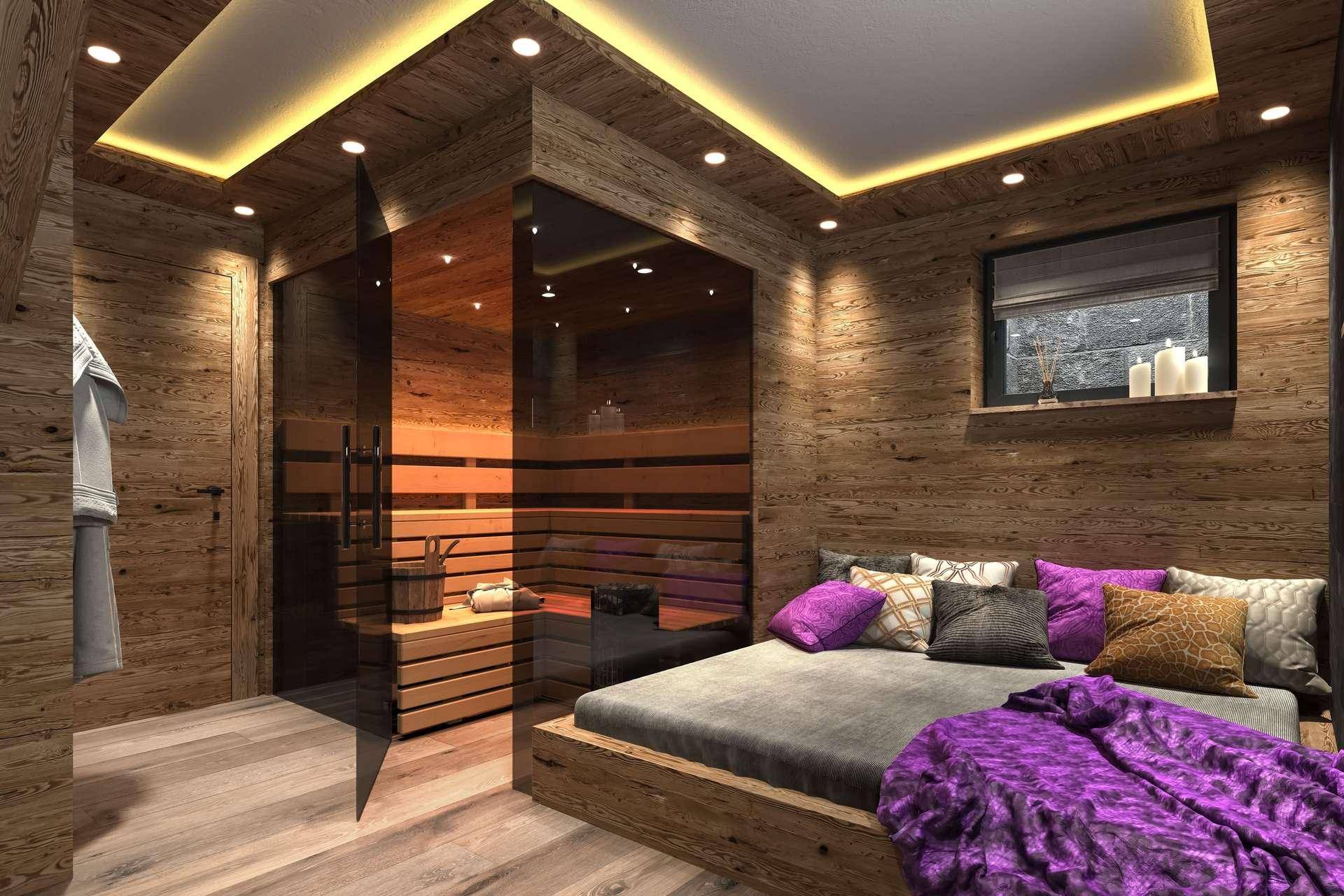 Schlafzimmer im alpinen Stil mit Holzwänden, Holzboden und integrierter Sauna für Wellnessmomente.