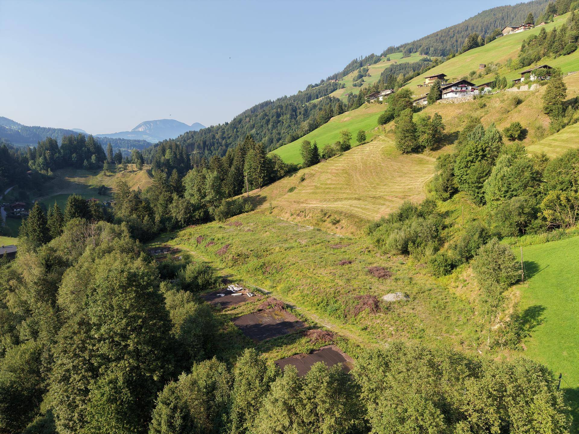 Ausgedehnte grüne Landschaft mit sanften Hügeln, Wäldern und vereinzelten Häusern in der Ferne.