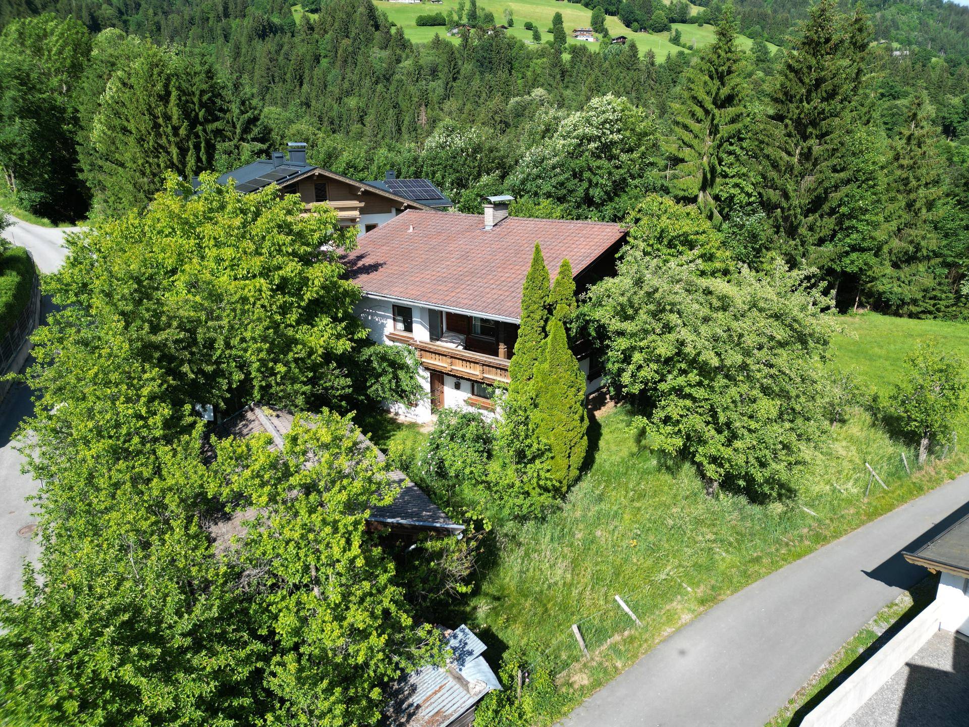 Haus in idyllischer Berglandschaft, umgeben von dichtem Grün und hohen Bäumen.