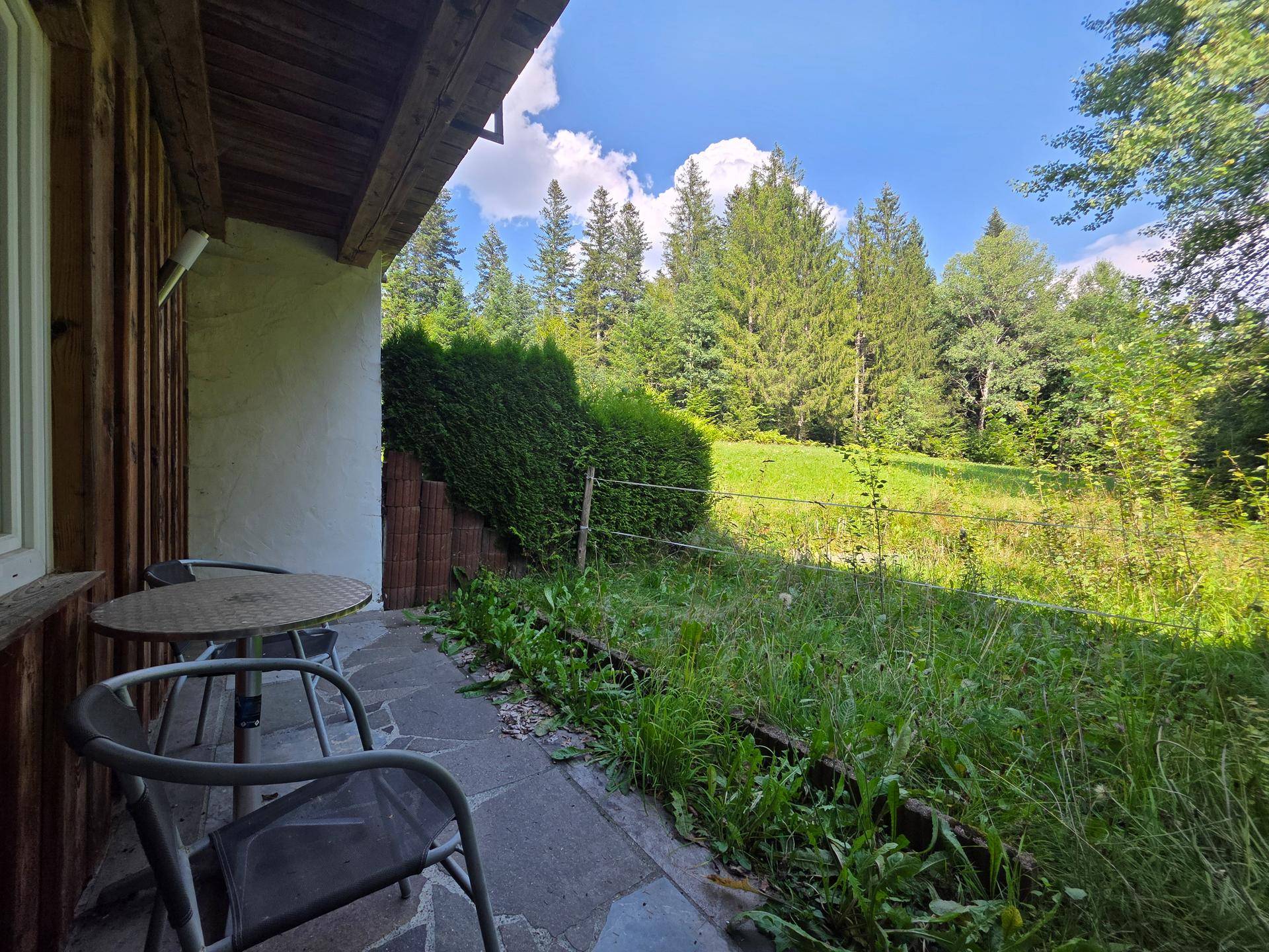 Kleine Terrasse mit Sitzgelegenheiten, umgeben von grüner Natur und Bäumen.