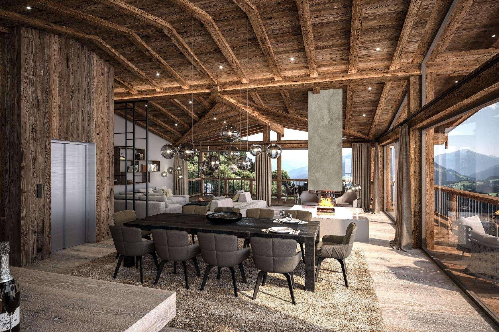 Eleganter Essbereich mit großem Holztisch, Designerleuchten und Zugang zu einem Balkon.