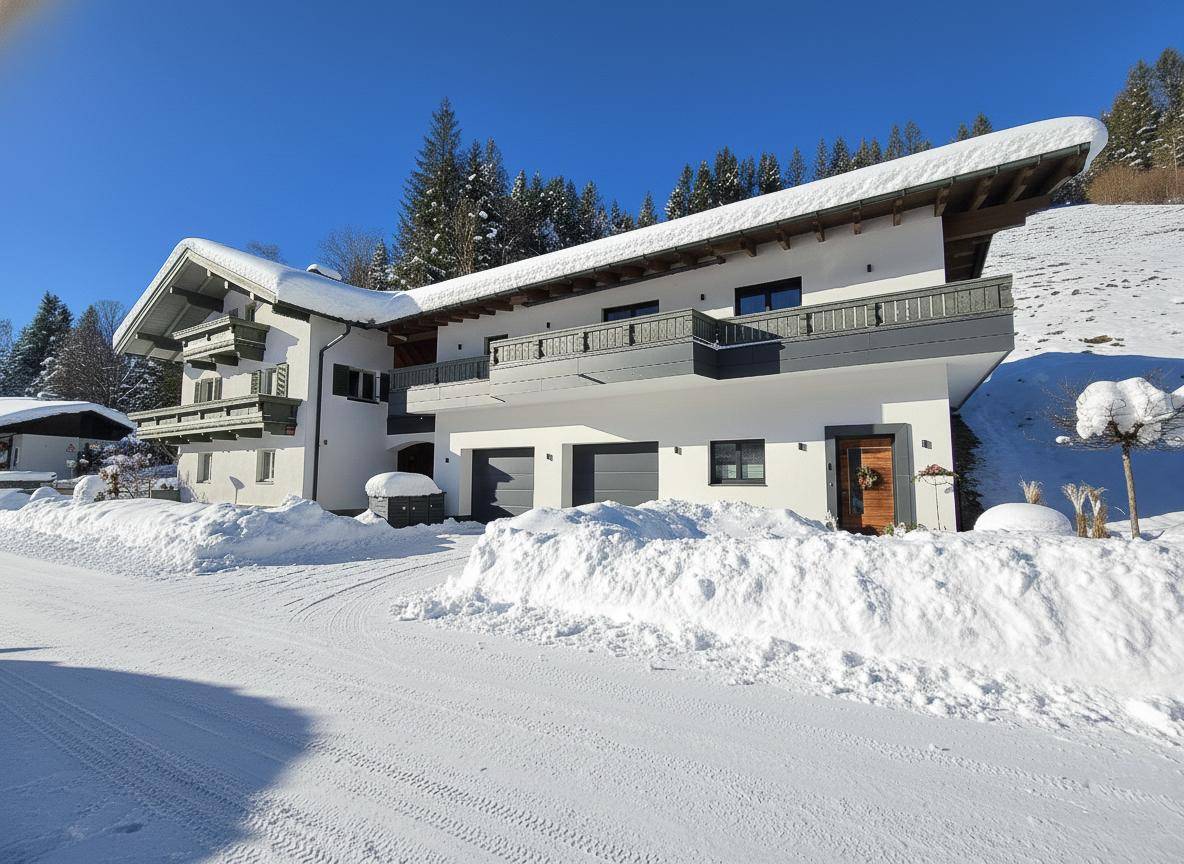 Modernes Wohnhaus im alpinen Stil mit Balkonen und Garagen, eingebettet in eine verschneite Winterlandschaft.