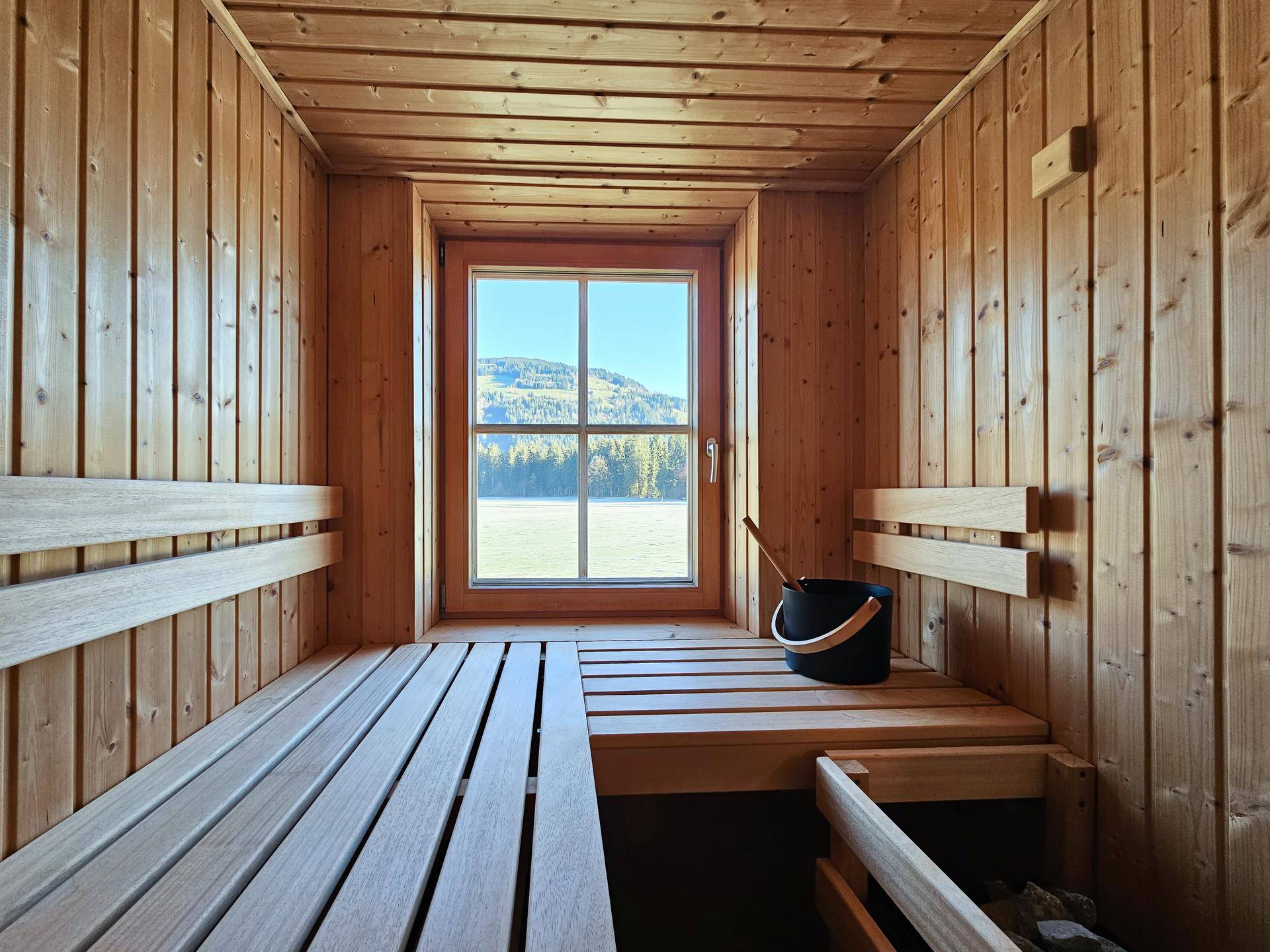 Traditionelle Holzsauna mit Sitzbänken und einem Fenster, das einen weiten Blick auf die verschneite Landschaft bietet.
